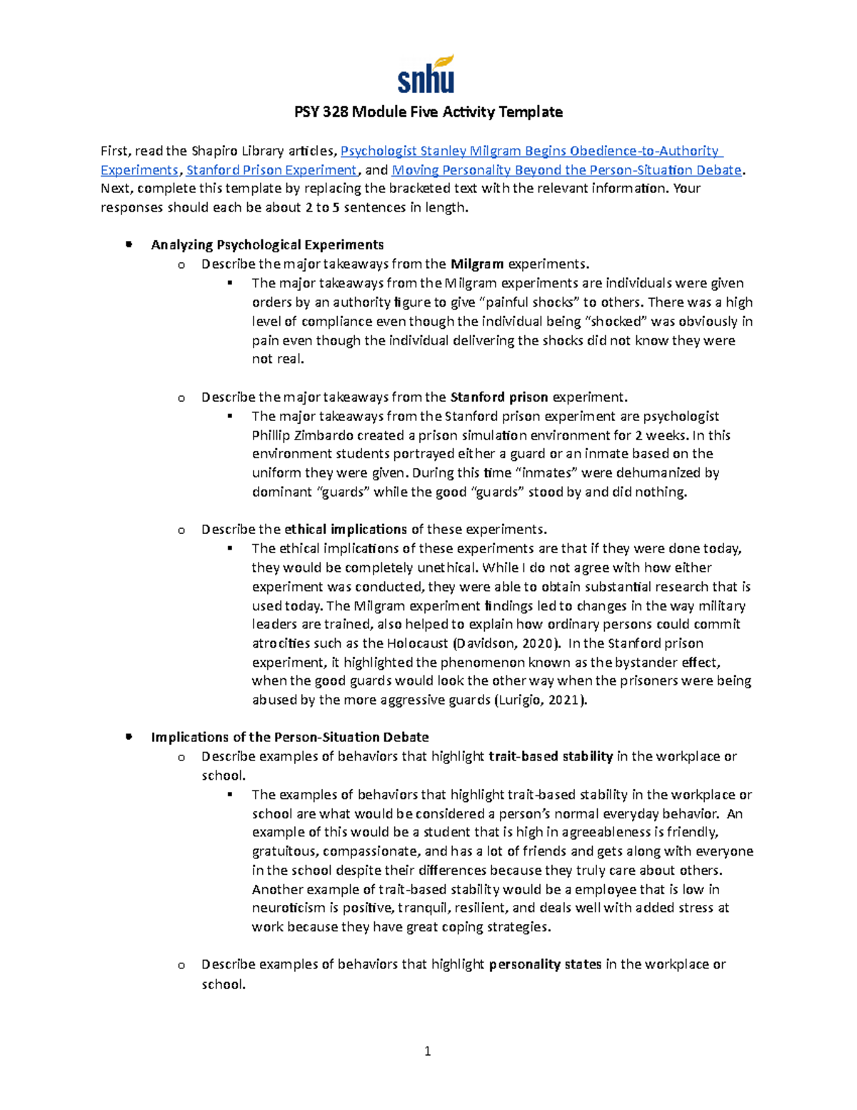 PSY 328 Module Five Activity 1 PSY 328 Module Five Activity Template 