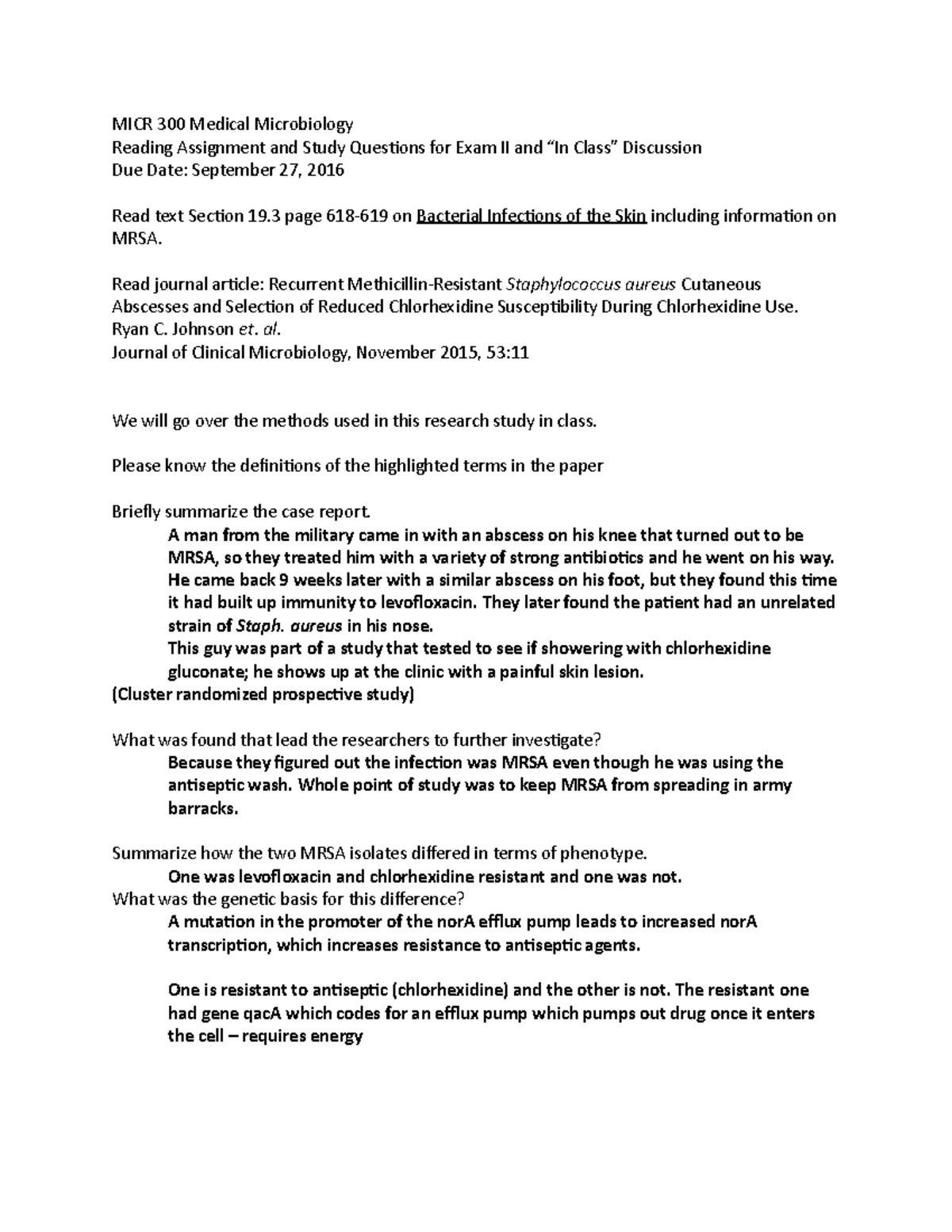 MRSA Reading:Study Questions - MICR 300 Medical Microbiology Reading ...