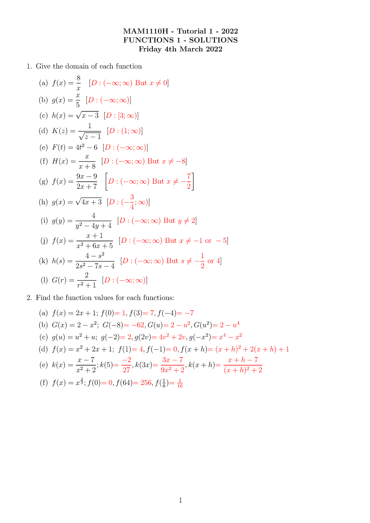 Tut 1 - Functions 1 Solutions - Mam1110h - Tutorial 1 - 2022 Functions 