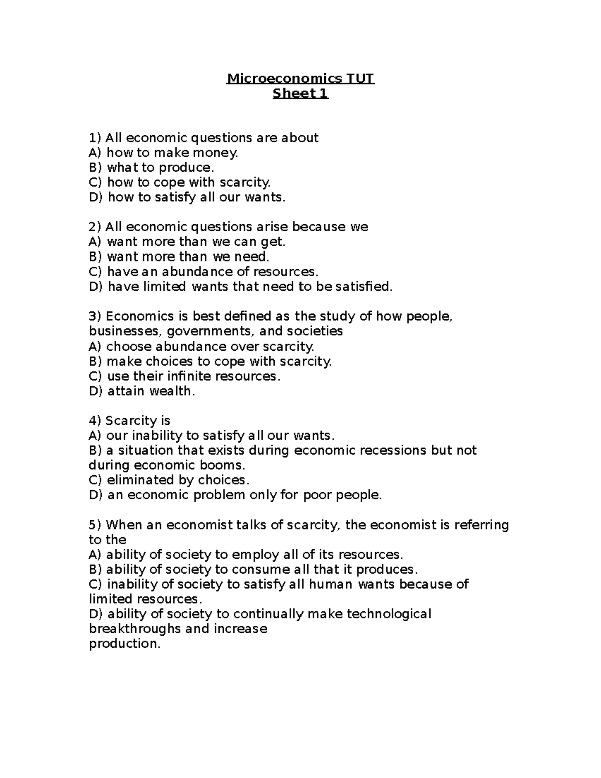 Tut- sheet 1 - notes - Microeconomics TUT Sheet 1 All economic ...