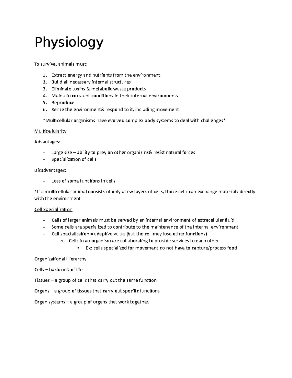 Physiology - For Prof. Pettit's Course - Physiology To survive, animals ...