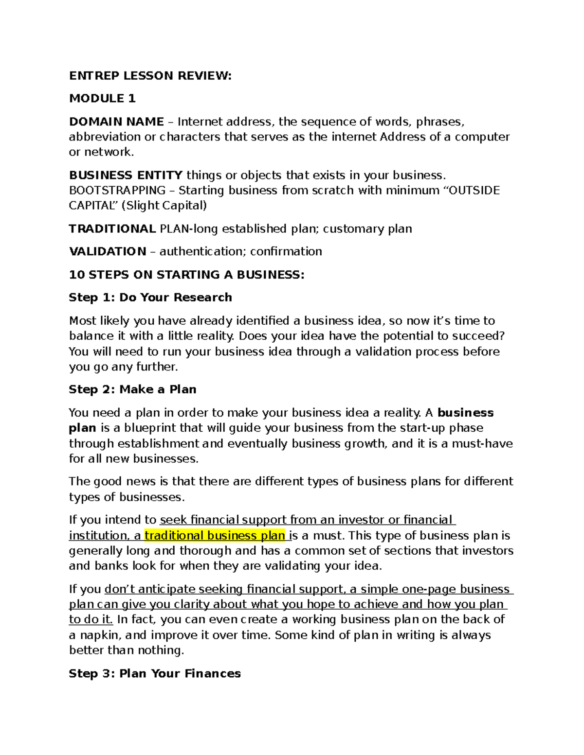 Entrep Summary OF Lessons MOD - ENTREP LESSON REVIEW: MODULE 1 DOMAIN ...