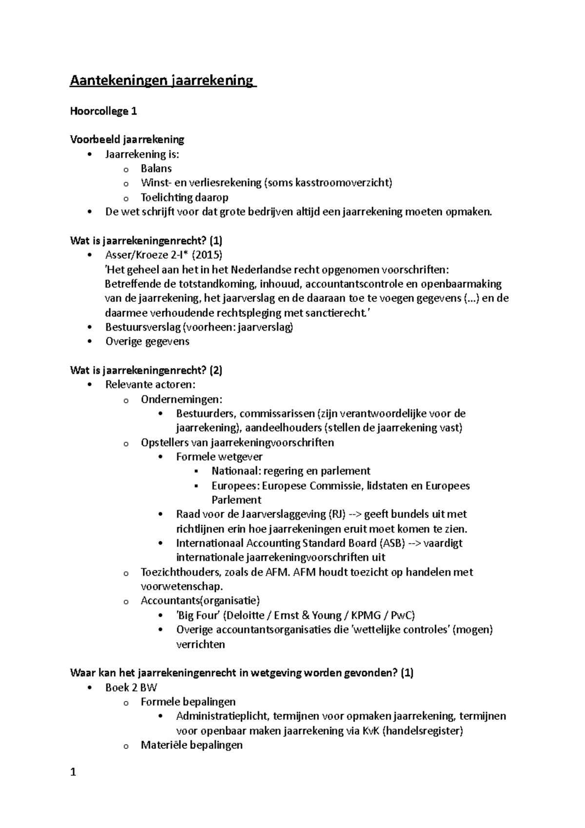 Aantekeningen jaarrekening  Aantekeningen jaarrekening Hoorcollege 1
