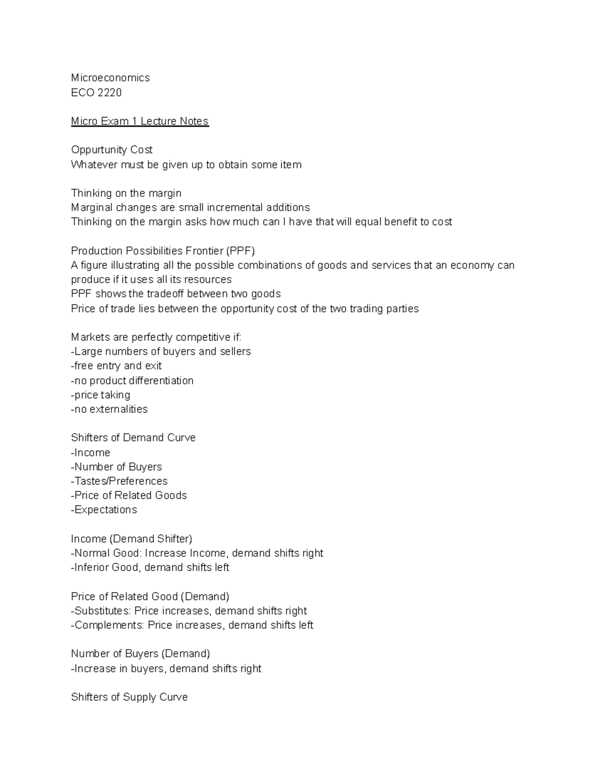 Microeconomics Lecture Notes - Microeconomics ECO 2220 Micro Exam 1 ...
