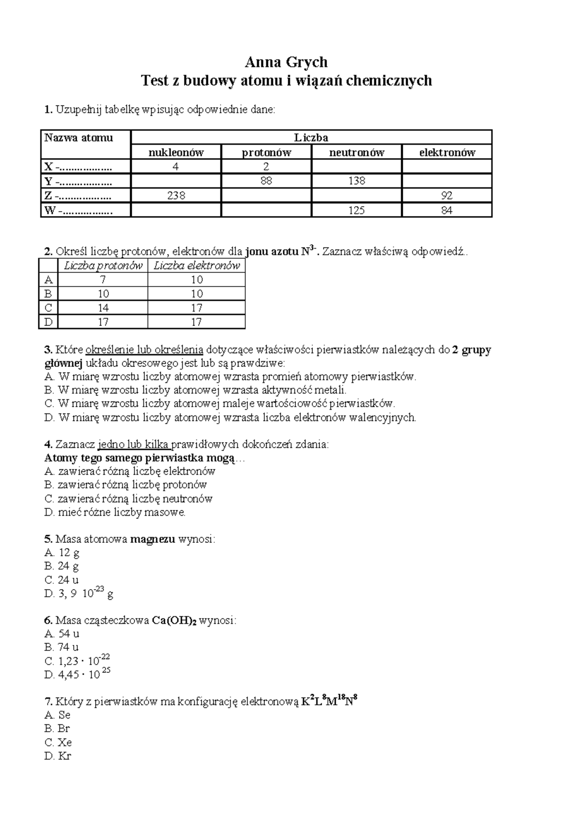 Sprawdzian Z Wiązań Chemicznych 2 Liceum