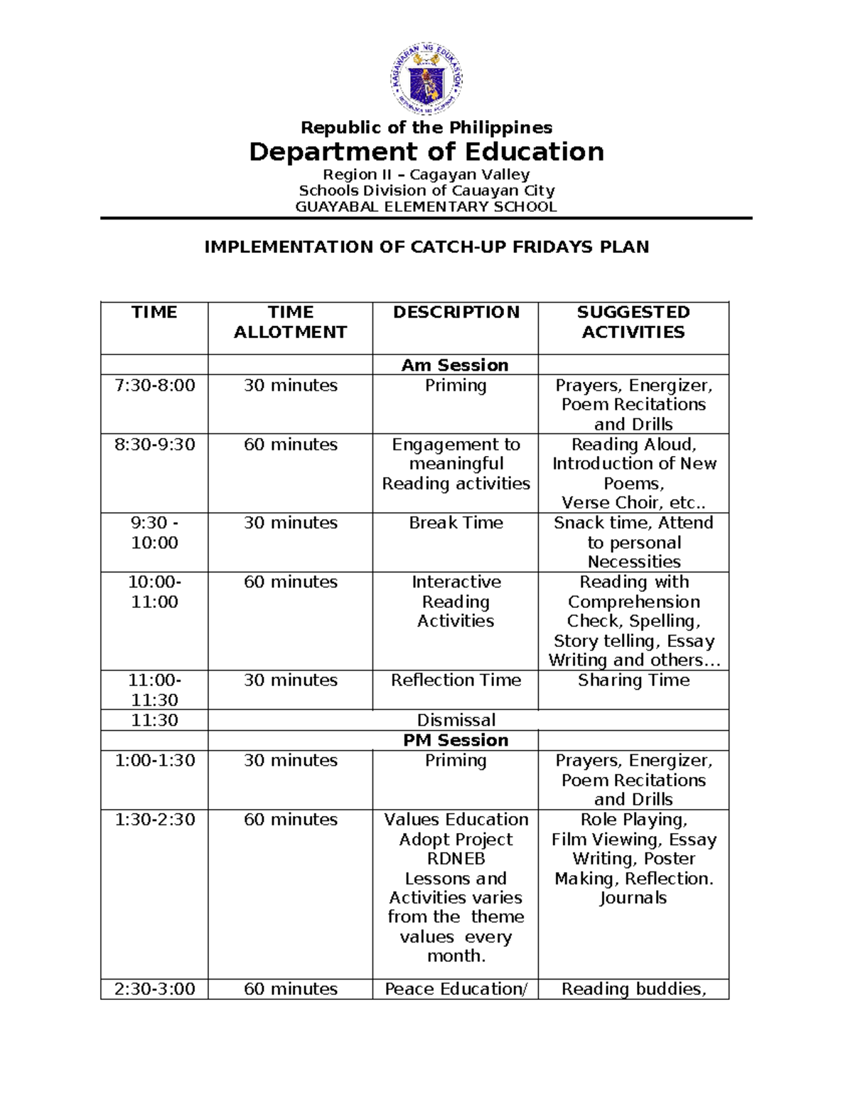 Catch up fridays plan - plan for reading - Republic of the Philippines ...