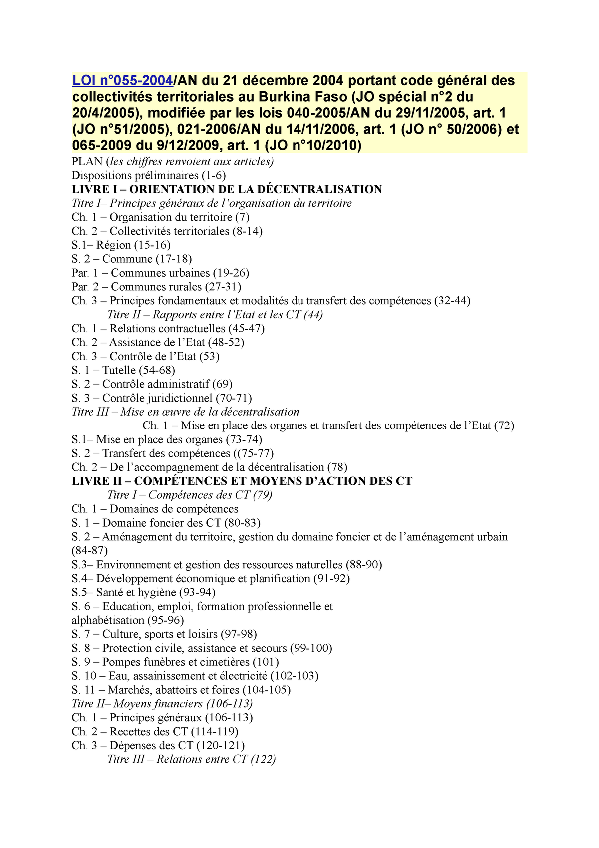 08 Juillet 2021 Loi 1 Code General Des Collectivites Territoriales Loi N°055 2004an Du 21