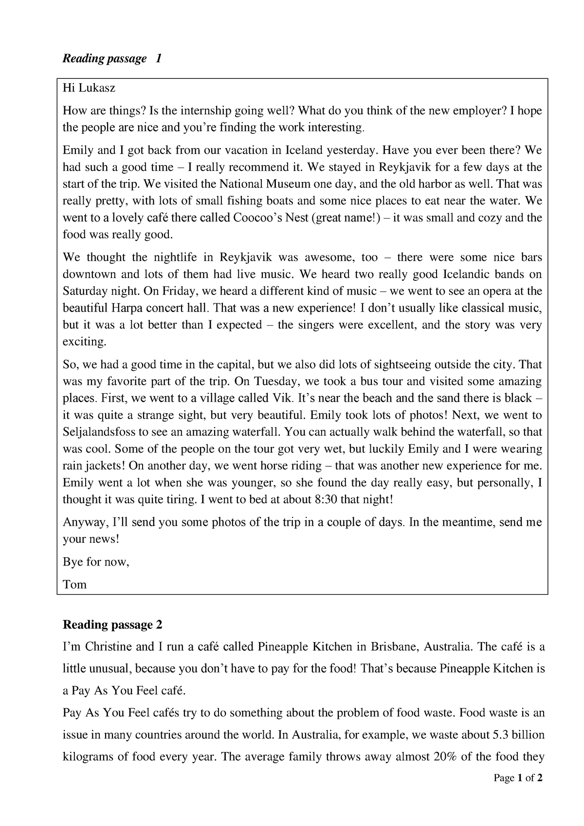 Reading- Passages - To all - Page 1 of 2 Reading passage 1 Hi Lukasz ...