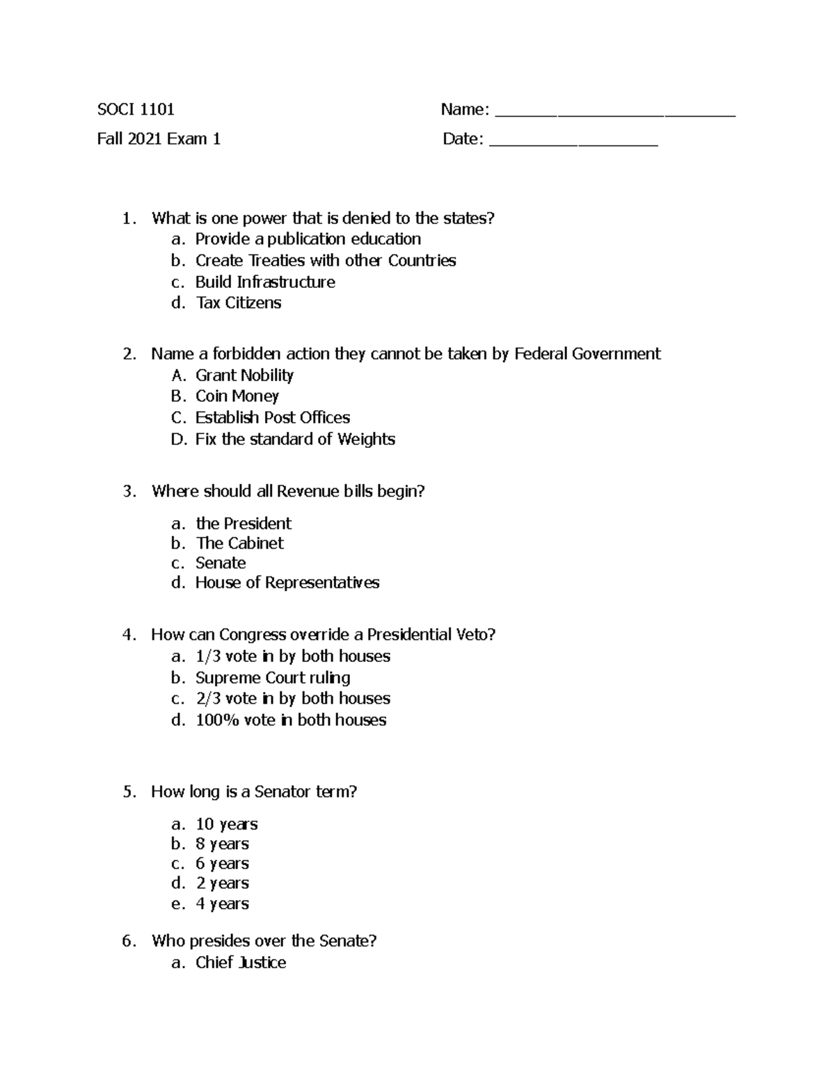 SOCI 1101 Exam 1 FALL 2021 - SOCI 1101 Name ...