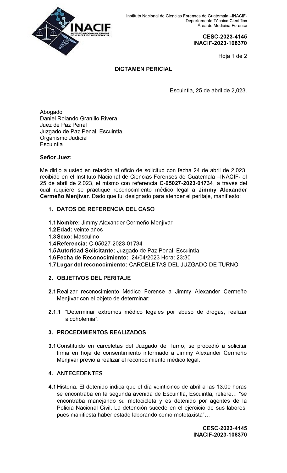 Dictamen Pericial - Instituto Nacional de Ciencias Forenses de ...