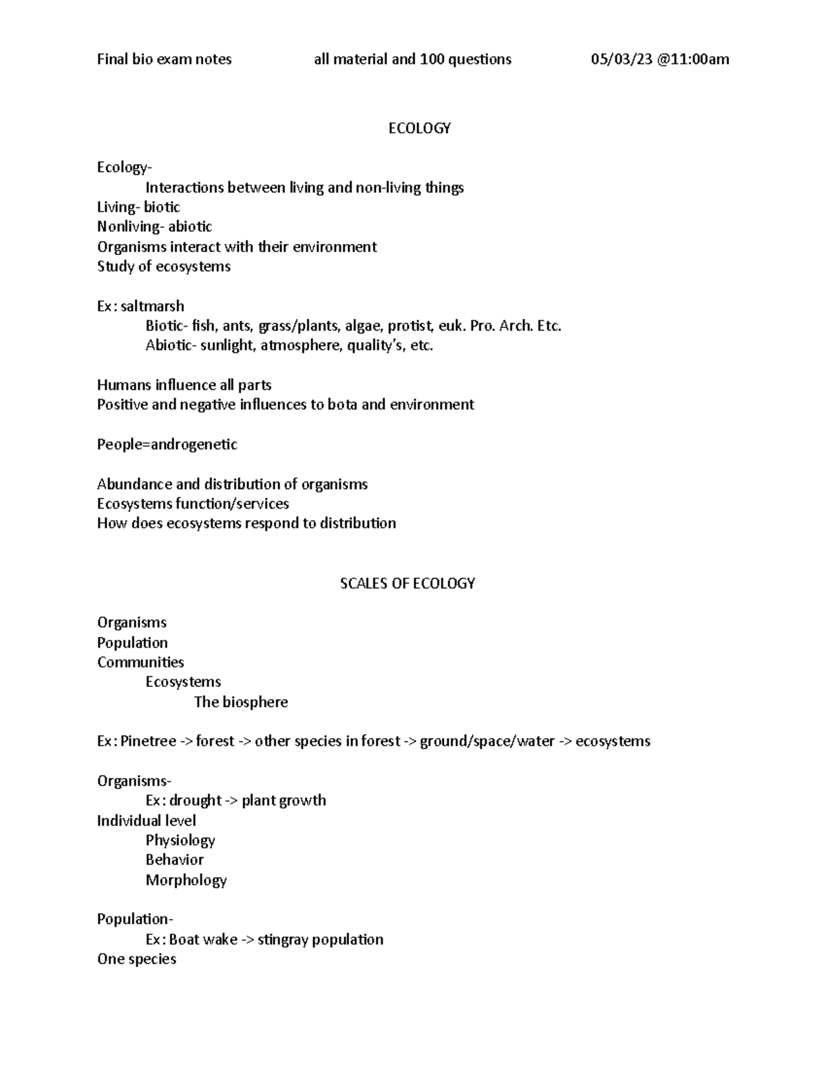 Final bio exam - ECOLOGY Ecology- Interactions between living and non ...