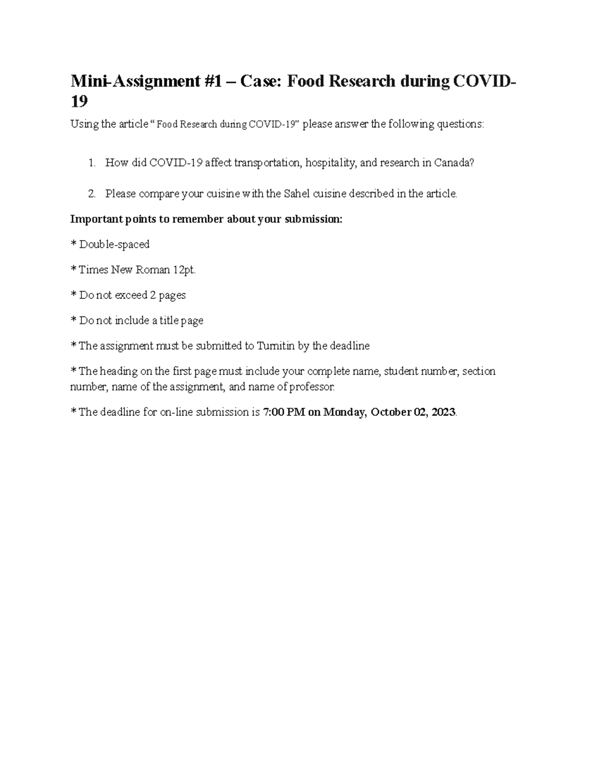 Mini Assignment 1 GMS 200 - Mon F2023 - Mini-Assignment #1 – Case: Food ...