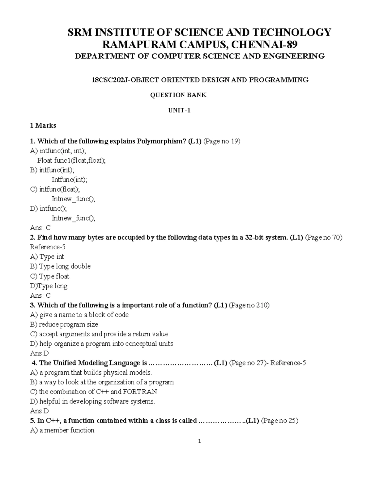 OODP Syllabus - Course Code 18CSC202J Course Name OBJECT ORIENTED ...