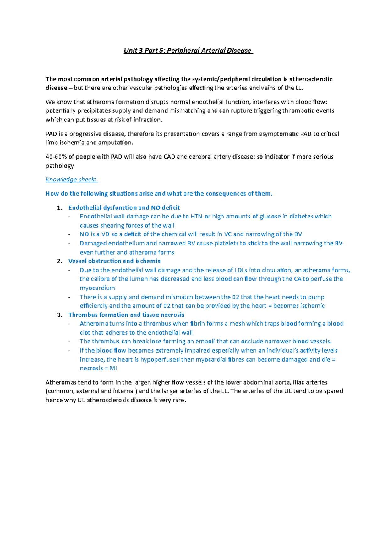 Unit 3 Part 5 notes - peripheral arterial disease - Unit 3 Part 5 ...