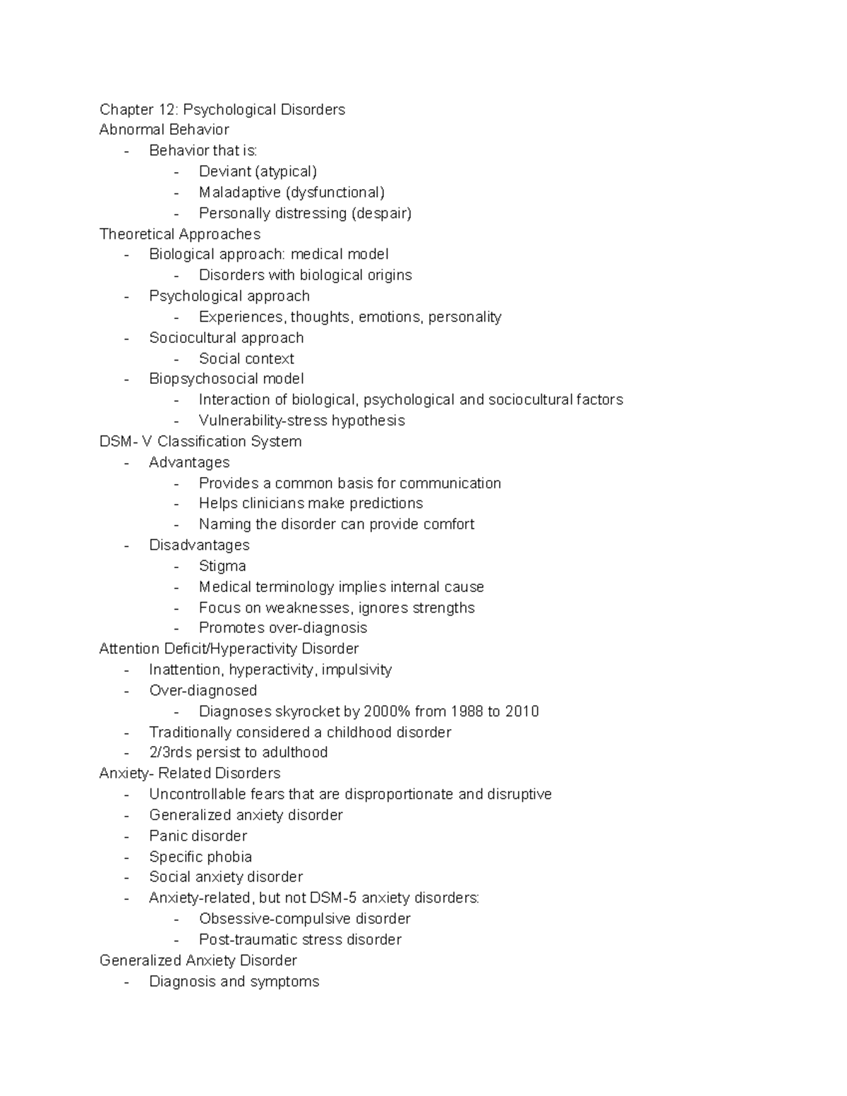 Chapter 12 Psych - Chapter 12: Psychological Disorders Abnormal ...