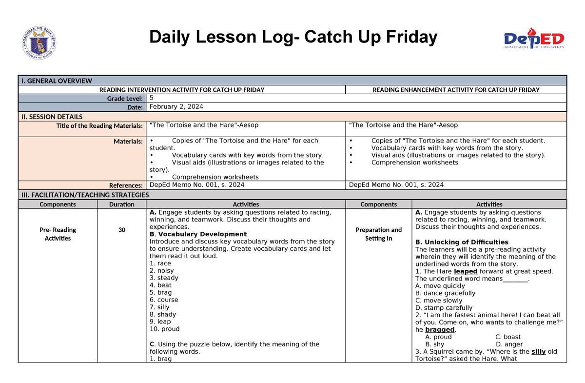 Nrp English Catch Up Friday Grade 5 Daily Lesson Log Catch Up Friday I General Overview 4317