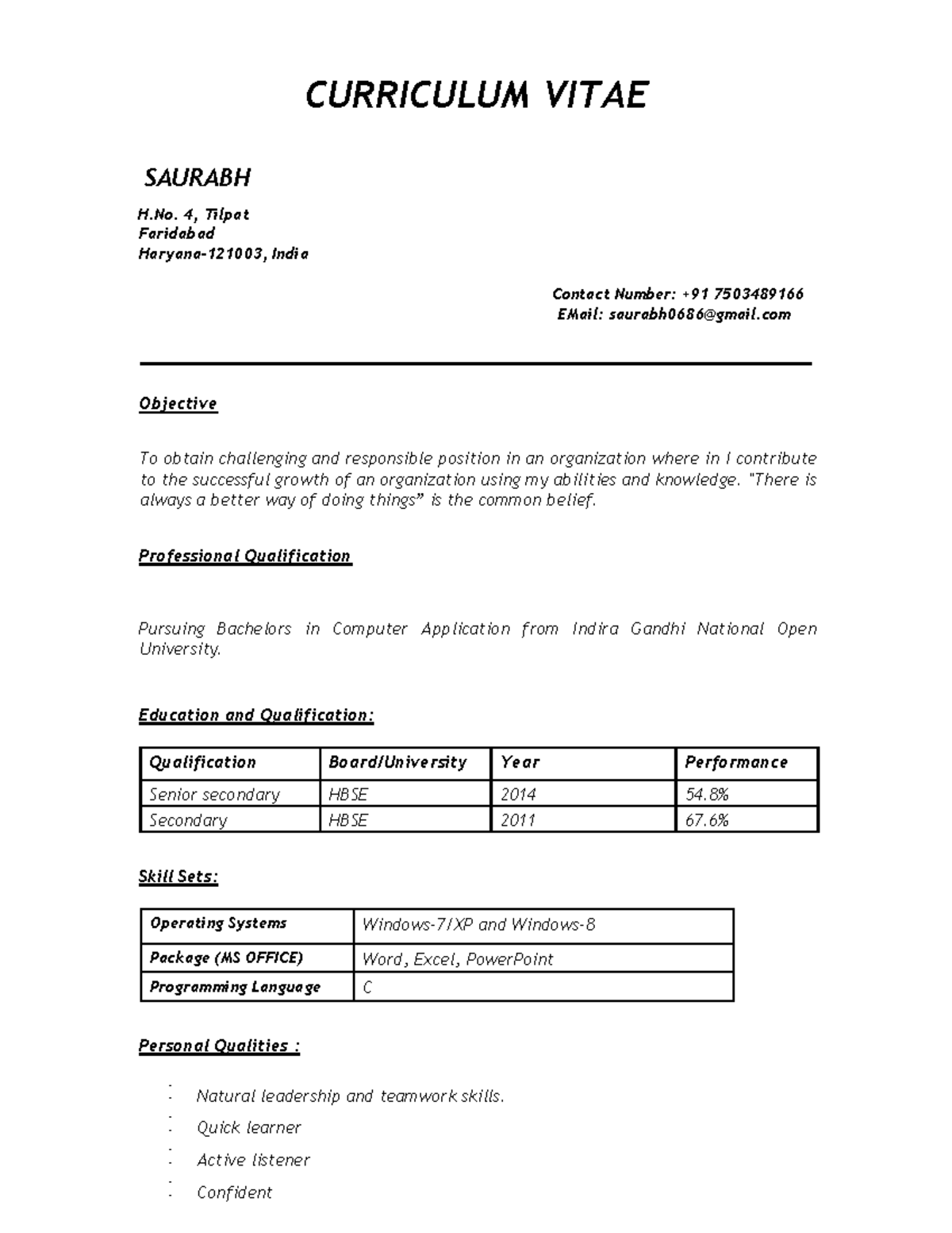 Saurabh Resume 2022 - Hii - CURRICULUM VITAE SAURABH H. 4, Tilpat ...