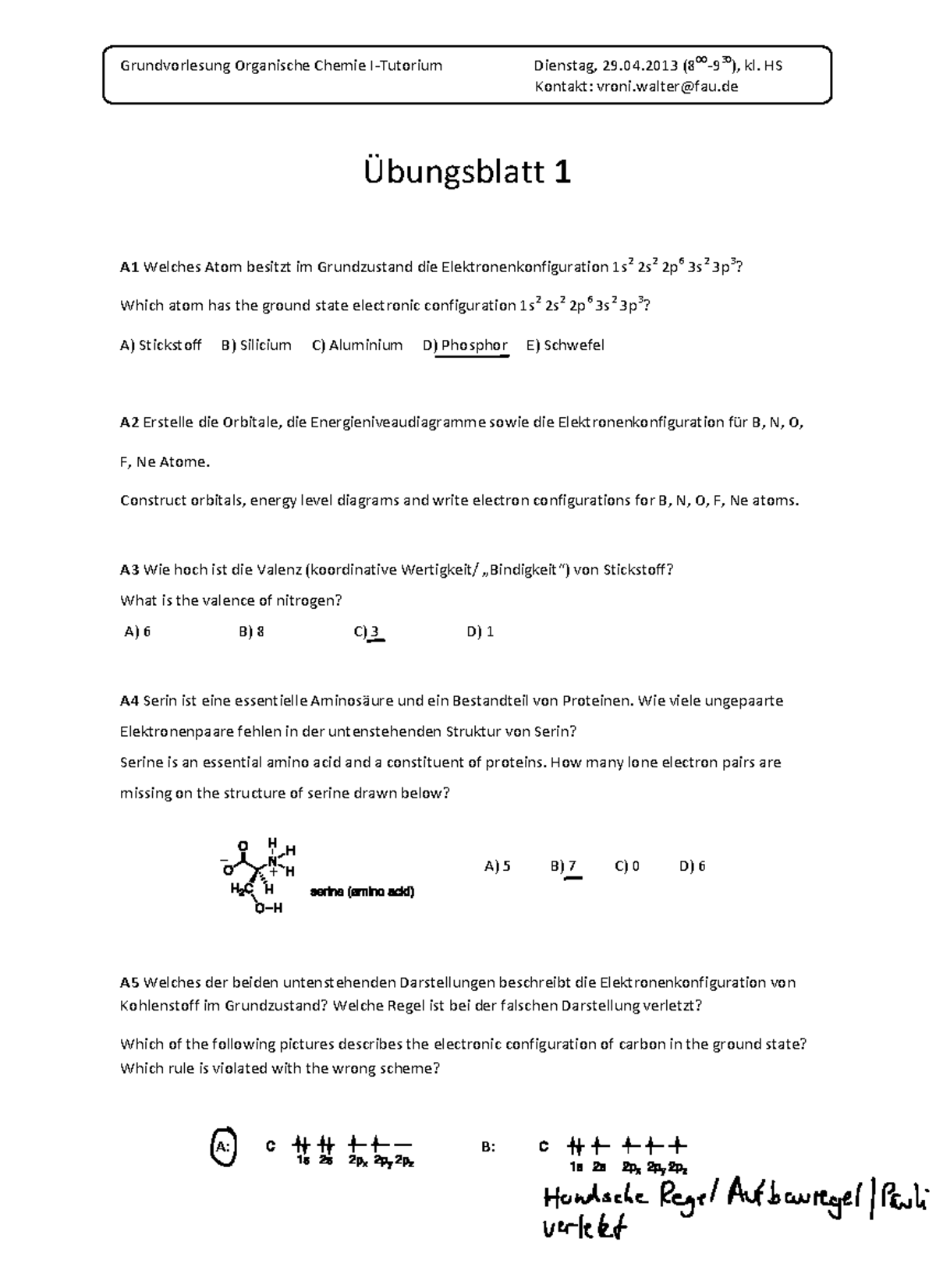 Allgemeine und organische Chemie Übungen - Dienstag, 29.04 (800-930 ...