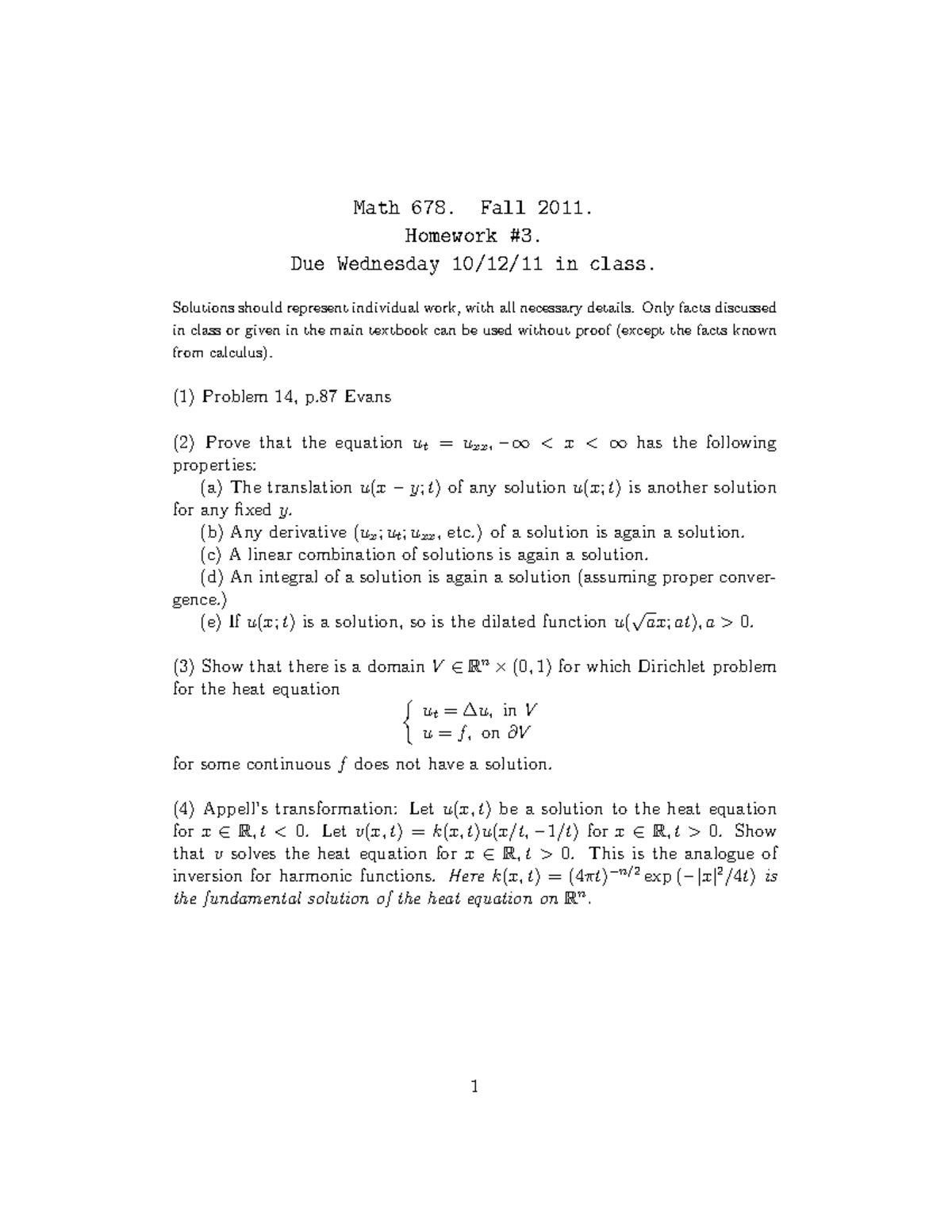 Seminar Assignments- Homework 3 - Math 678. Fall 2011. Homework Due ...