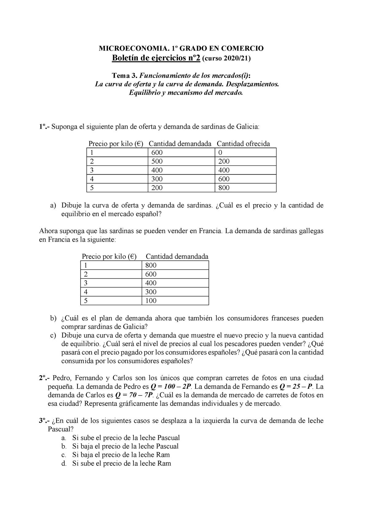 2º Boletin De Ejercicios - MICROECONOMIA. 1º GRADO EN COMERCIO Boletín ...