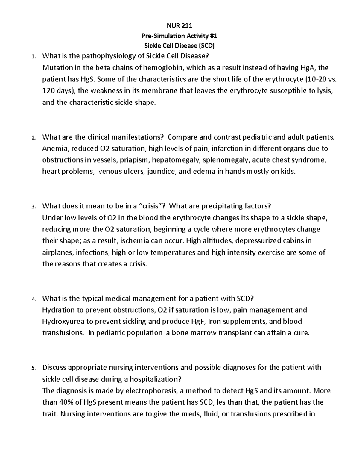 Sickle+Cell+Disease Pre SIM+Activity+#1 Fall21 - NUR 211 Pre-Simulation ...