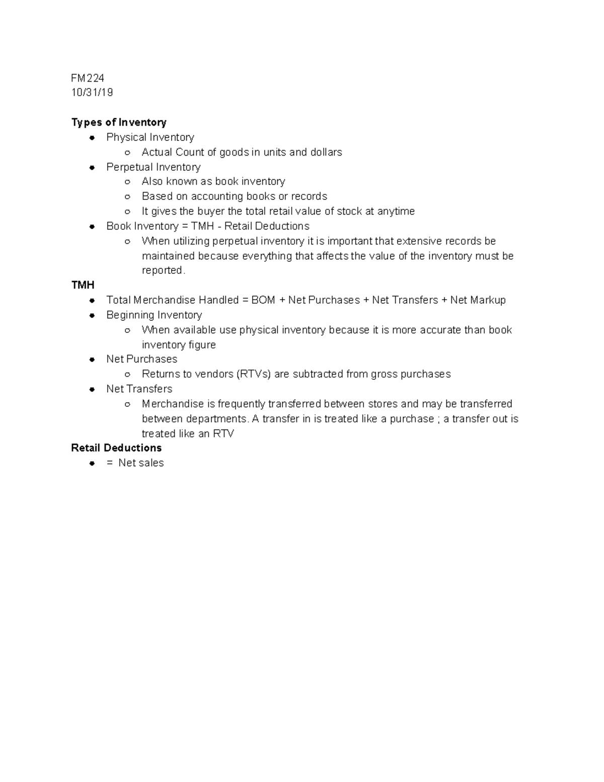 10 31 19 - Inventory - FM 10/31/ Types of Inventory Physical Inventory ...
