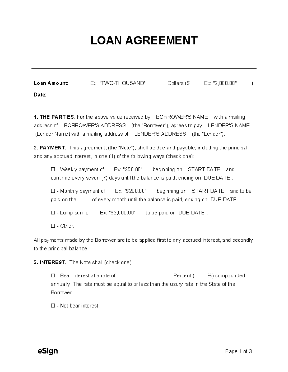 Loan-Agreement-Template - LOAN AGREEMENT Loan Amount: Ex: 