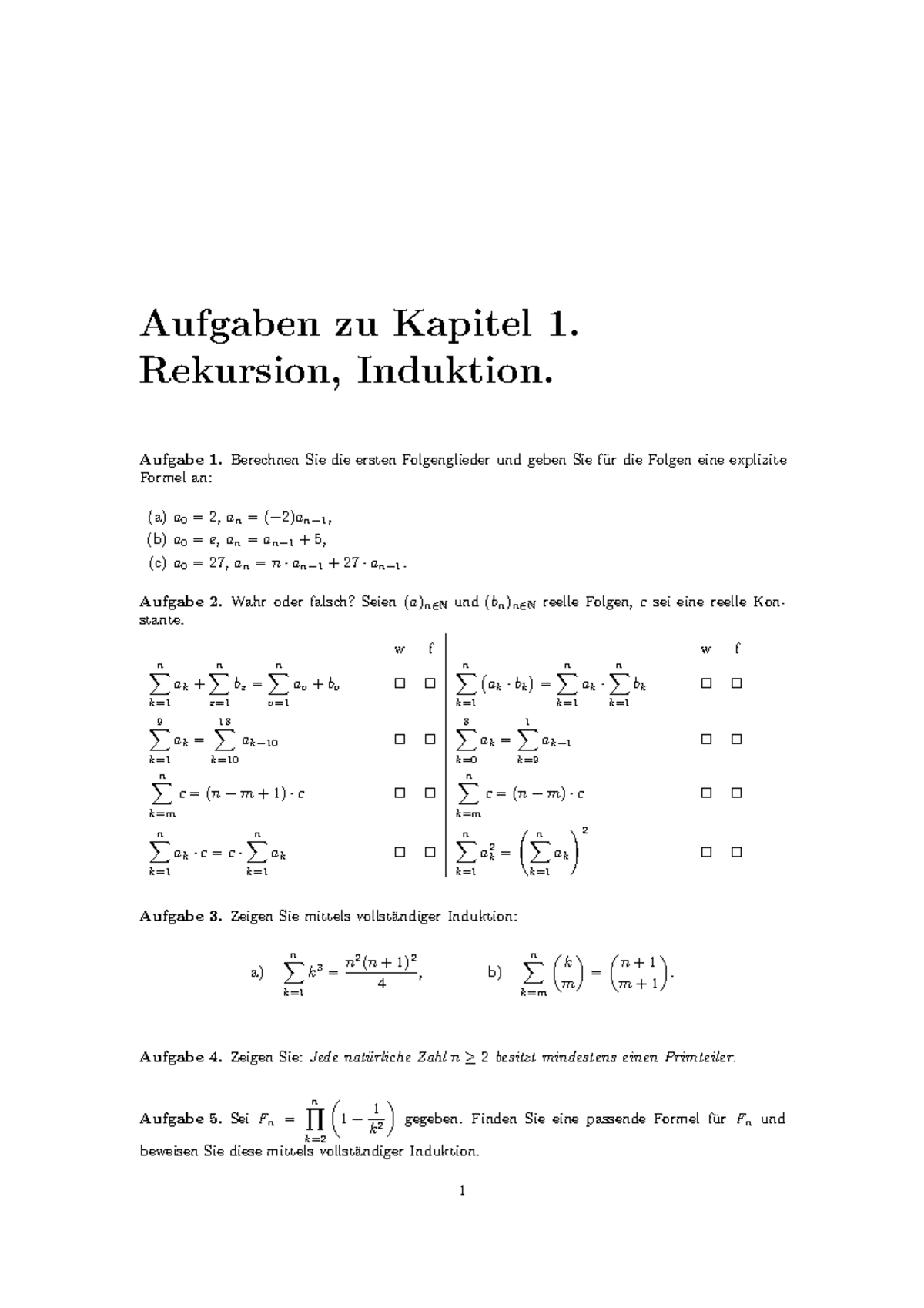 Aufgabensammlung - Aufgaben Zu Kapitel 1. Rekursion, Induktion. Aufgabe ...