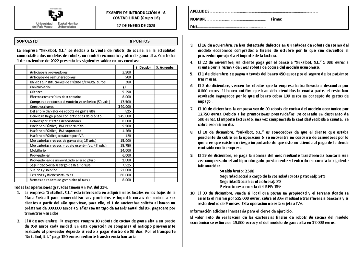 Examen Introduccion Contabilidad 17 De Enero 2023 (grupo 16) - EXAMEN ...