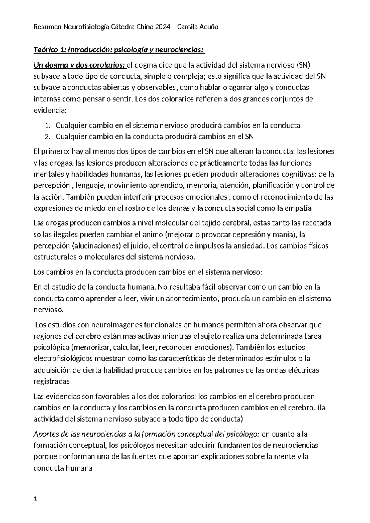 Neurofisio primer parcial - Teórico 1: introducción: psicología y ...