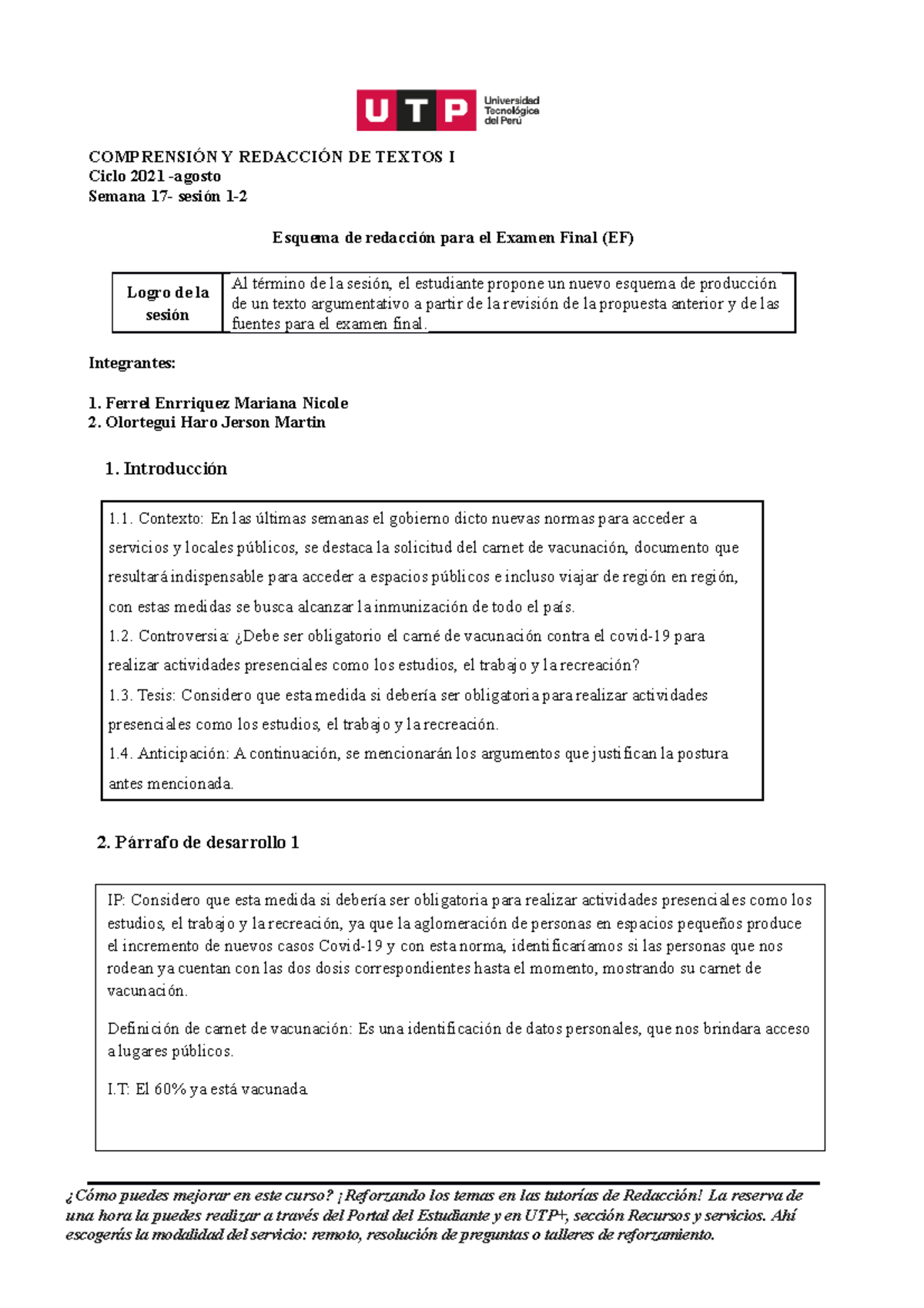 S17.s1 S2 Esquema Para EF - COMPRENSIÓN Y REDACCIÓN DE TEXTOS I Ciclo ...