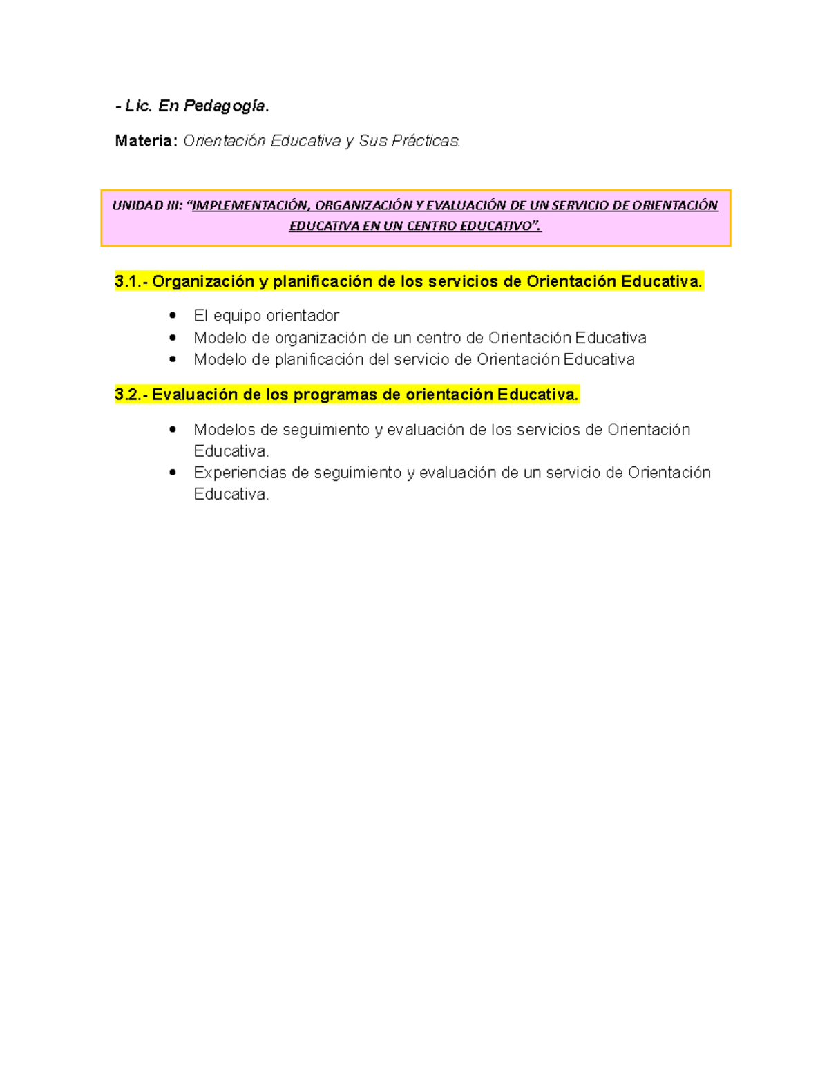 IMPLEMENTACIÓN, ORGANIZACIÓN Y EVALUACIÓN DE UN SERVICIO DE ORIENTACIÓN  EDUCATIVA EN UN CENTRO - Studocu