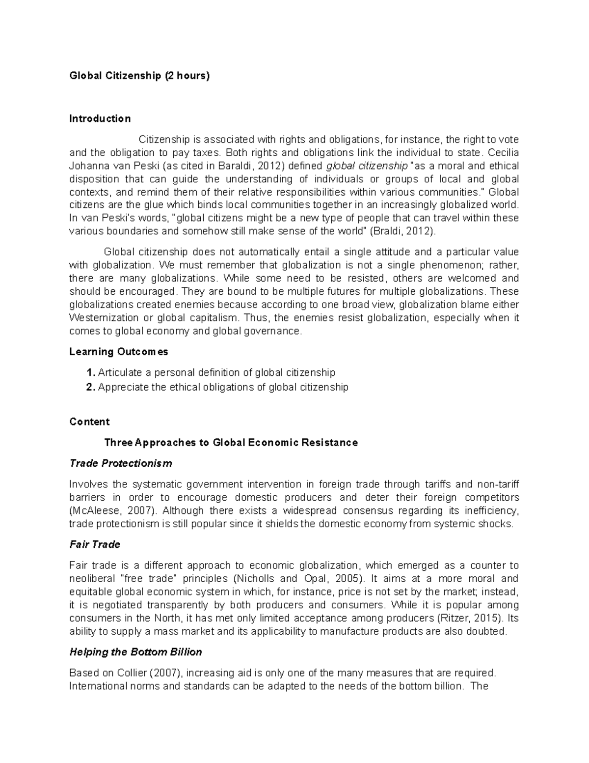 Global Citizenship - Both rights and obligations link the individual to ...