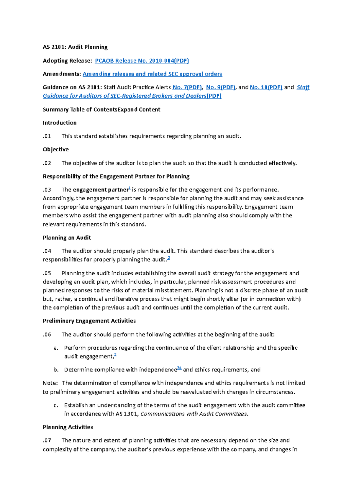 Planning 1 - ISA300 - AS 2101: Audit Planning Adopting Release: PCAOB ...