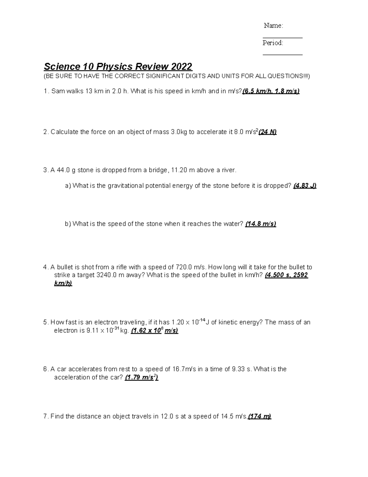Science 10 Final Physics Review - Name: ___________ Period ...
