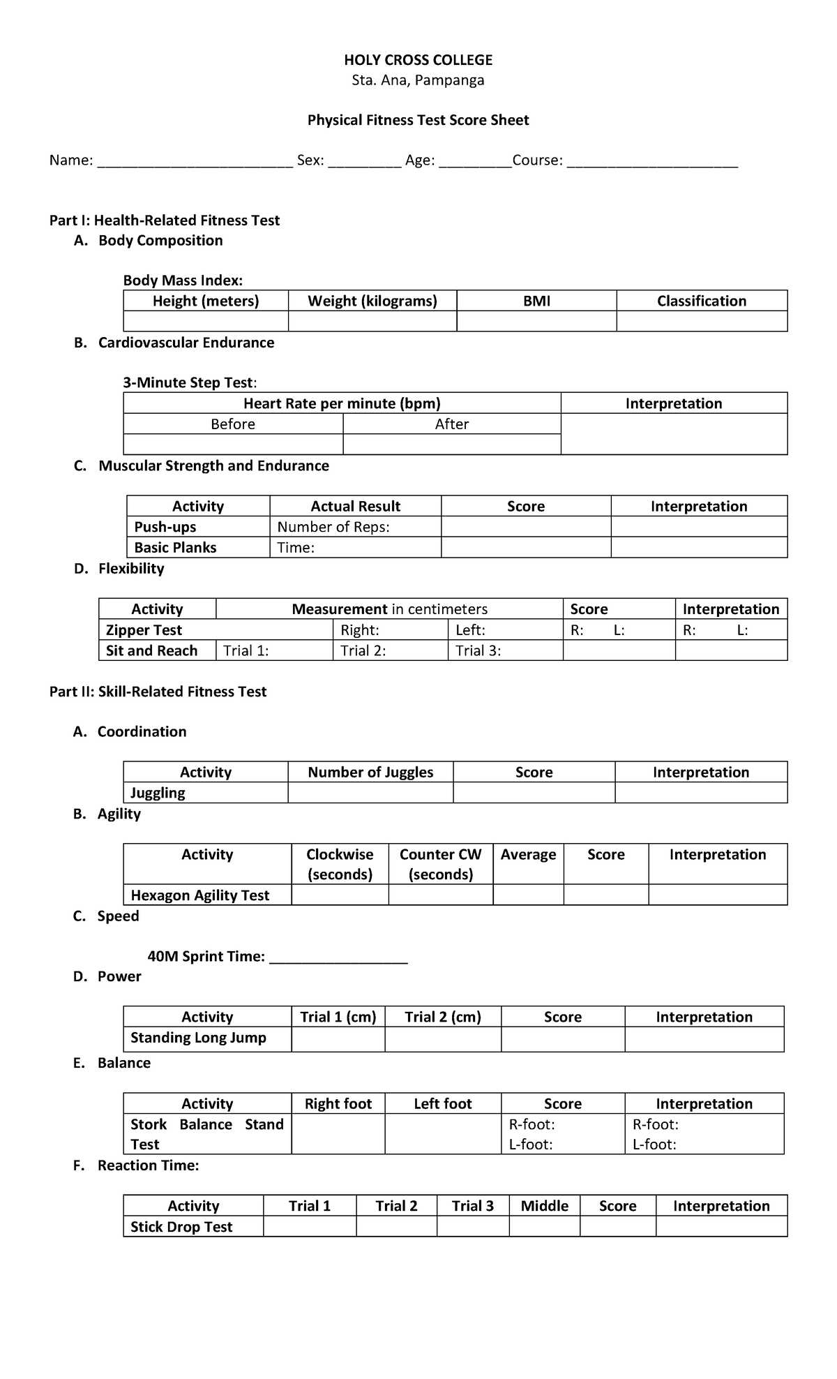 Physical Fitness Test Score Sheet - HOLY CROSS COLLEGE Sta. Ana