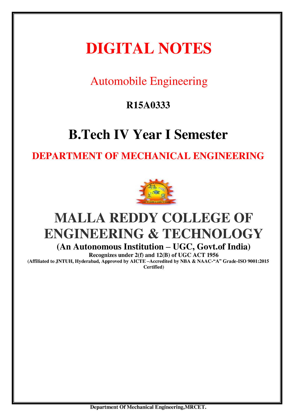 Automobile Engineering - Department Of Mechanical Engineering,MRCET ...