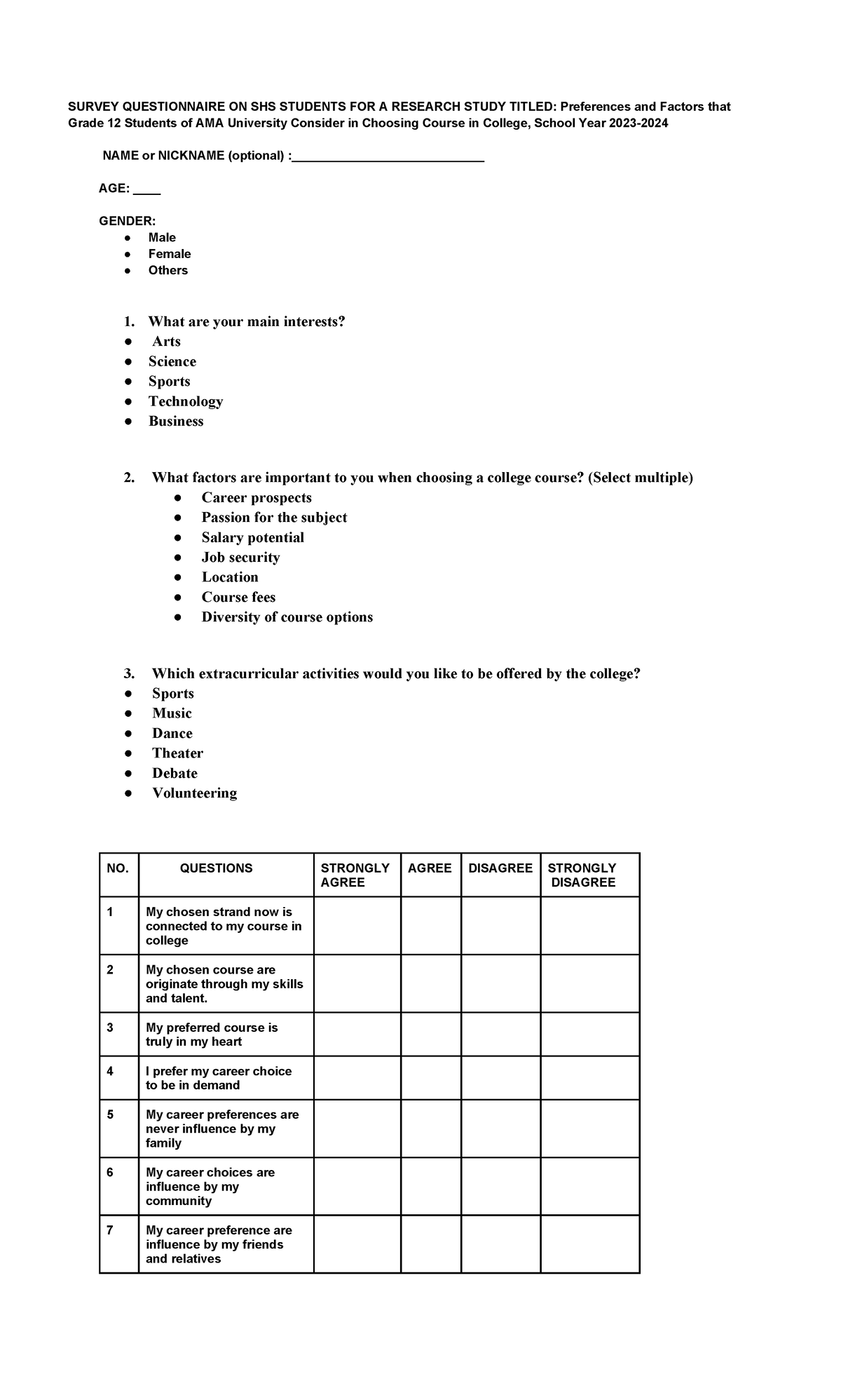 Questionnaire - SURVEY QUESTIONNAIRE ON SHS STUDENTS FOR A RESEARCH ...