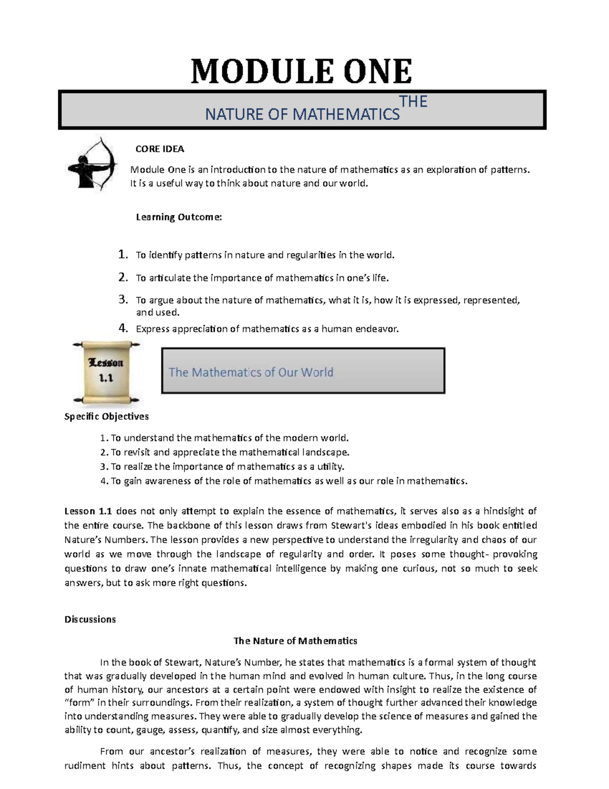 1 The Nature Of Mathematics - MODULE ONE CORE IDEA Module One Is An ...