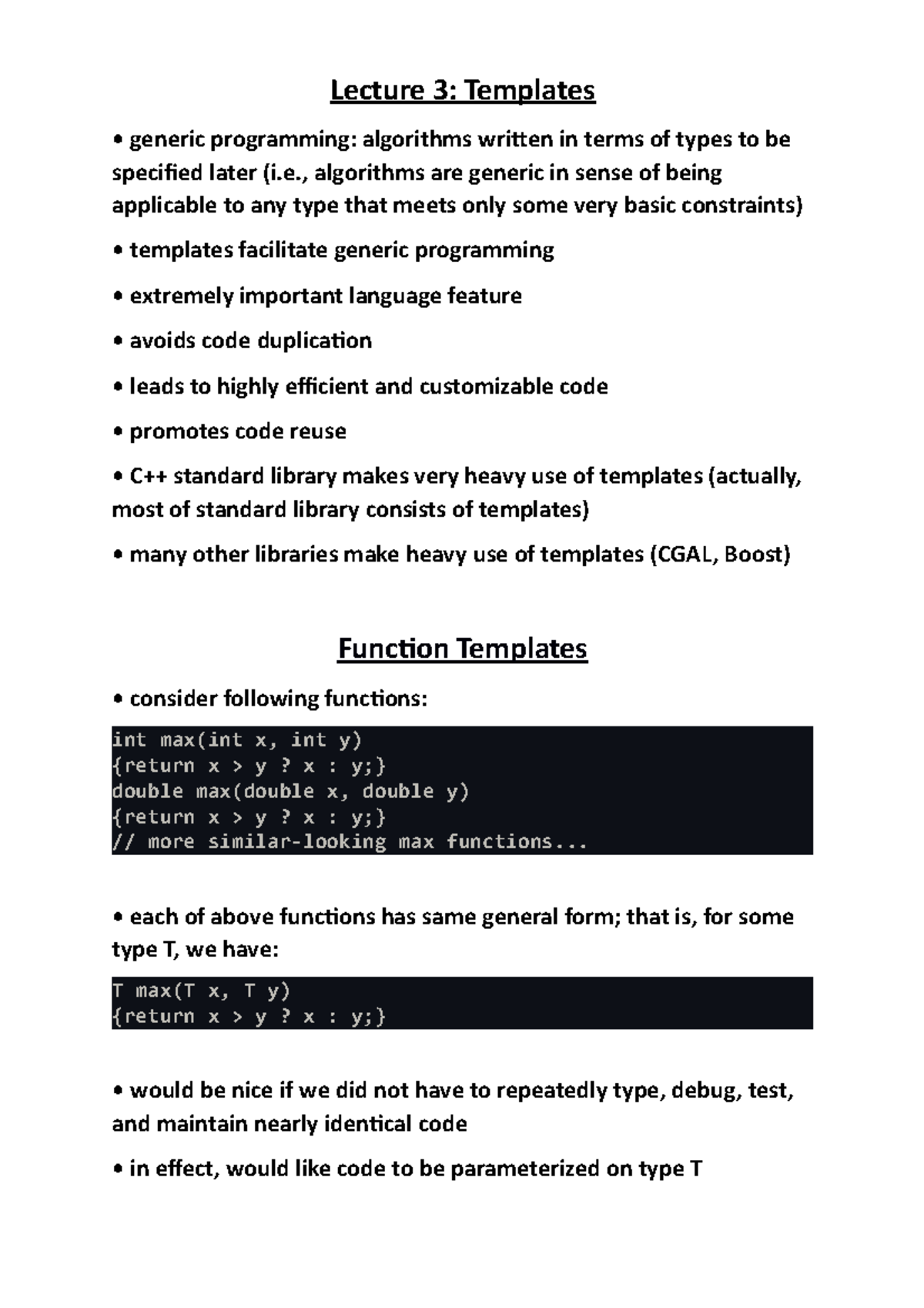 Lecture 3 C++ Templates - Lecture 3: Templates • generic programming ...