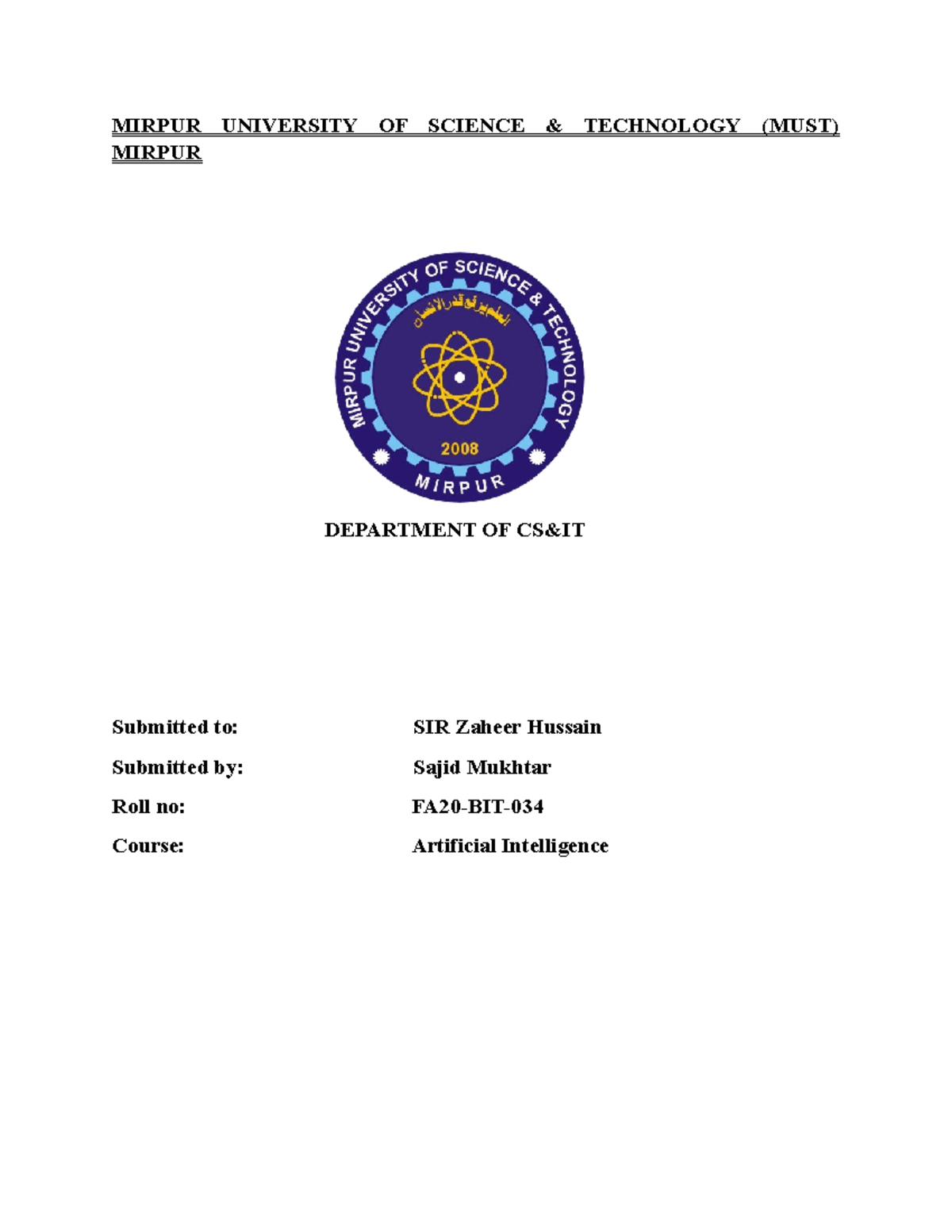 Assignment aaaaai - Summary computer science - MIRPUR UNIVERSITY OF ...