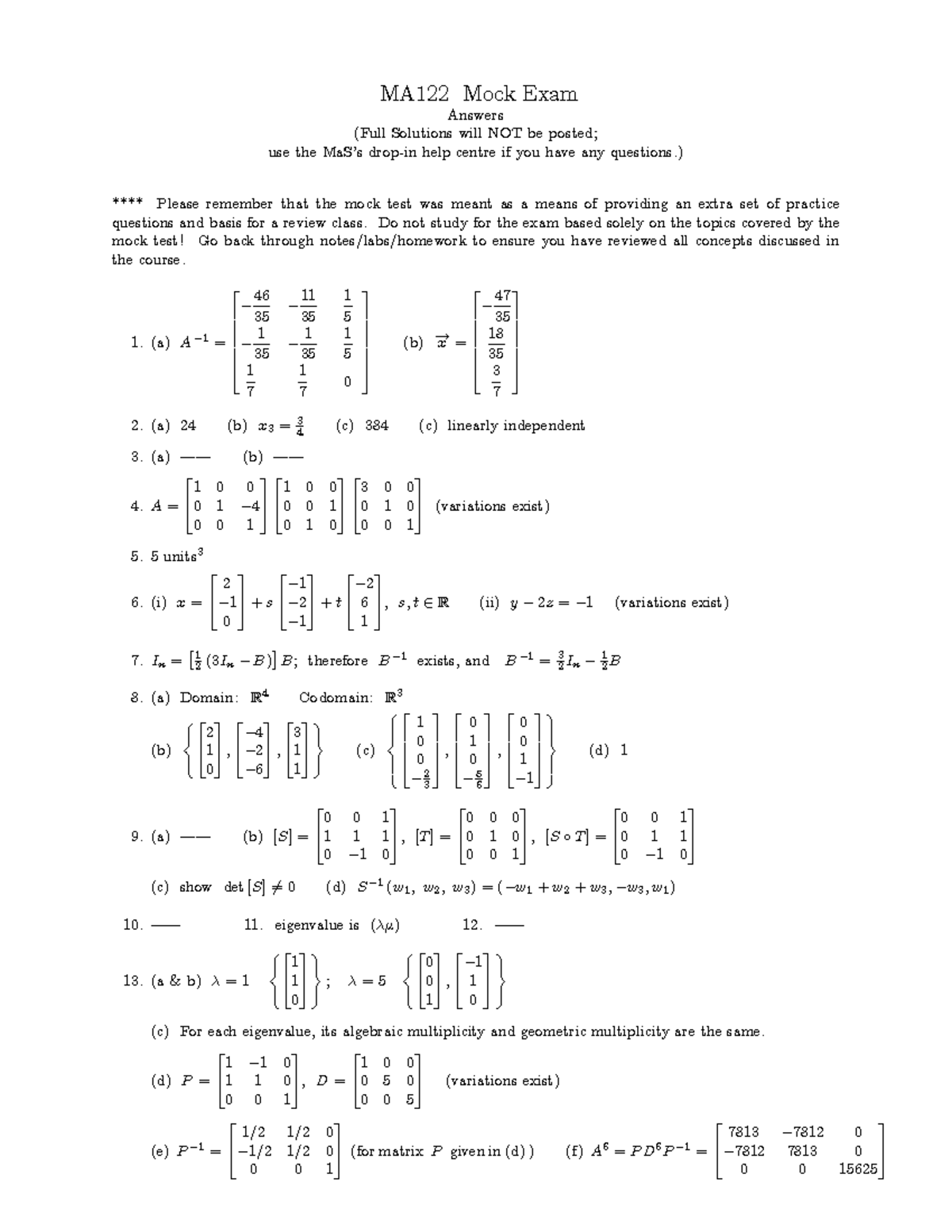 Sample/practice exam 14 December 2020, answers - MA122 Mock Exam ...