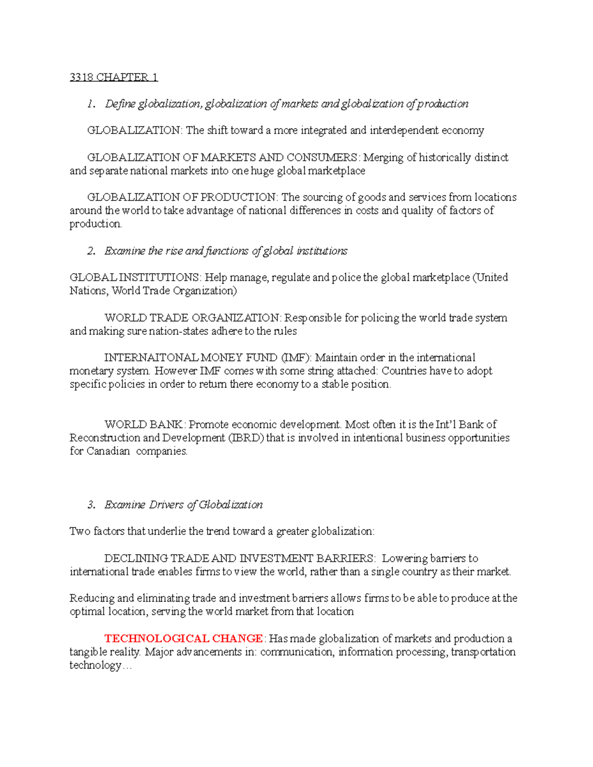 3318 Chapter 1 lecture notes - 3318 CHAPTER 1 1. Define globalization ...