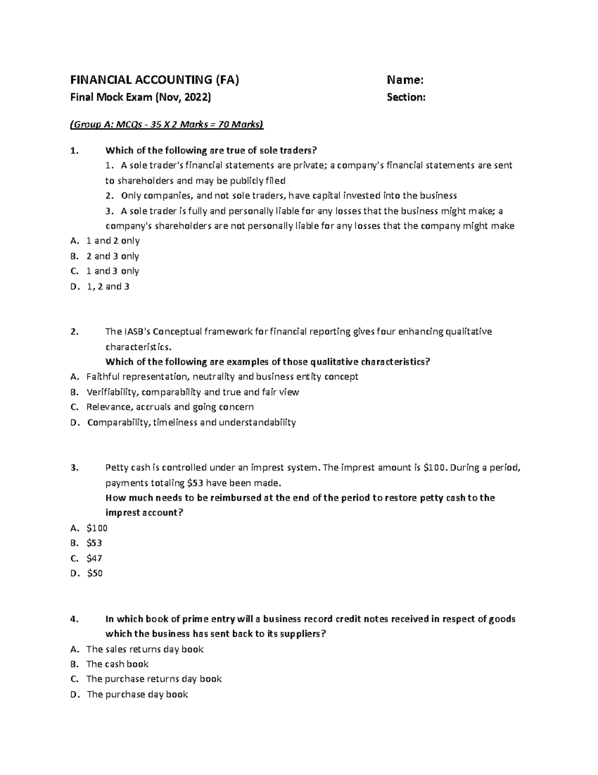 Financial Accounting Full Test - FINANCIAL ACCOUNTING (FA) Name: Final ...