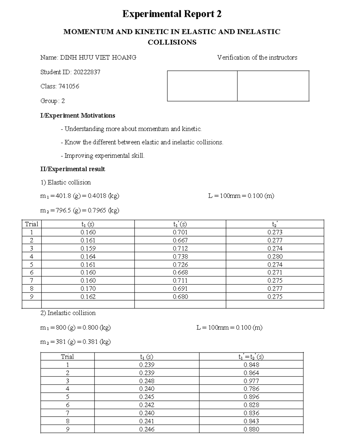 RP2 20222837 - fdffd - Experimental Report 2 MOMENTUM AND KINETIC IN ...