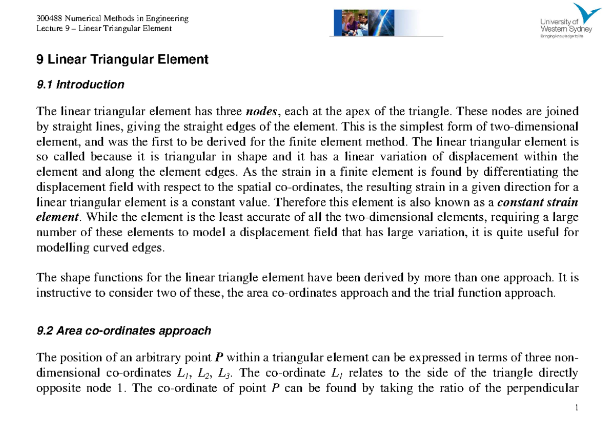 Lecture 9 Full - NOTES - Lecture 9 – Linear Triangular Element 9 Linear ...
