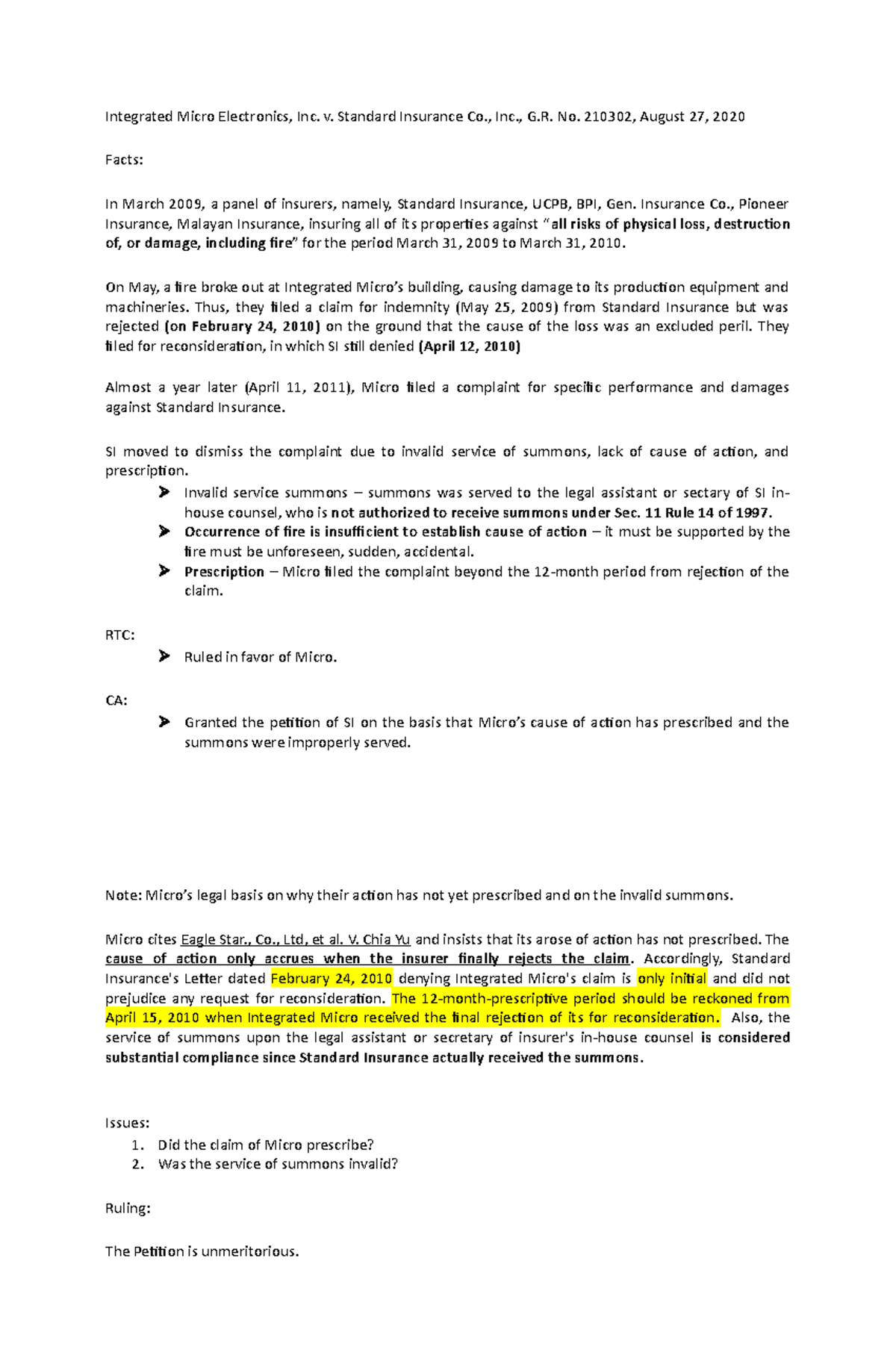 Integrated Micro Electronics, Inc. v. Standard Insurance Digest