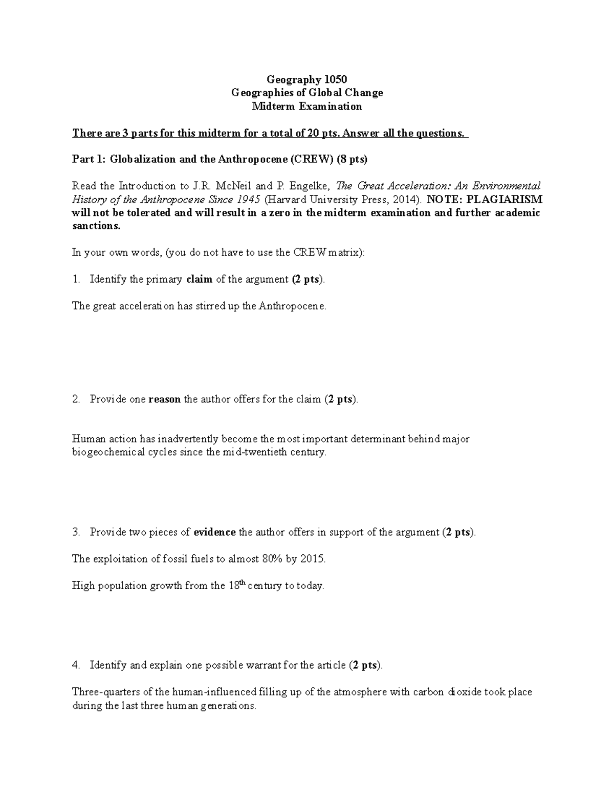 Midterm Exam Winter 2023 Geography 1050 Geographies of Global