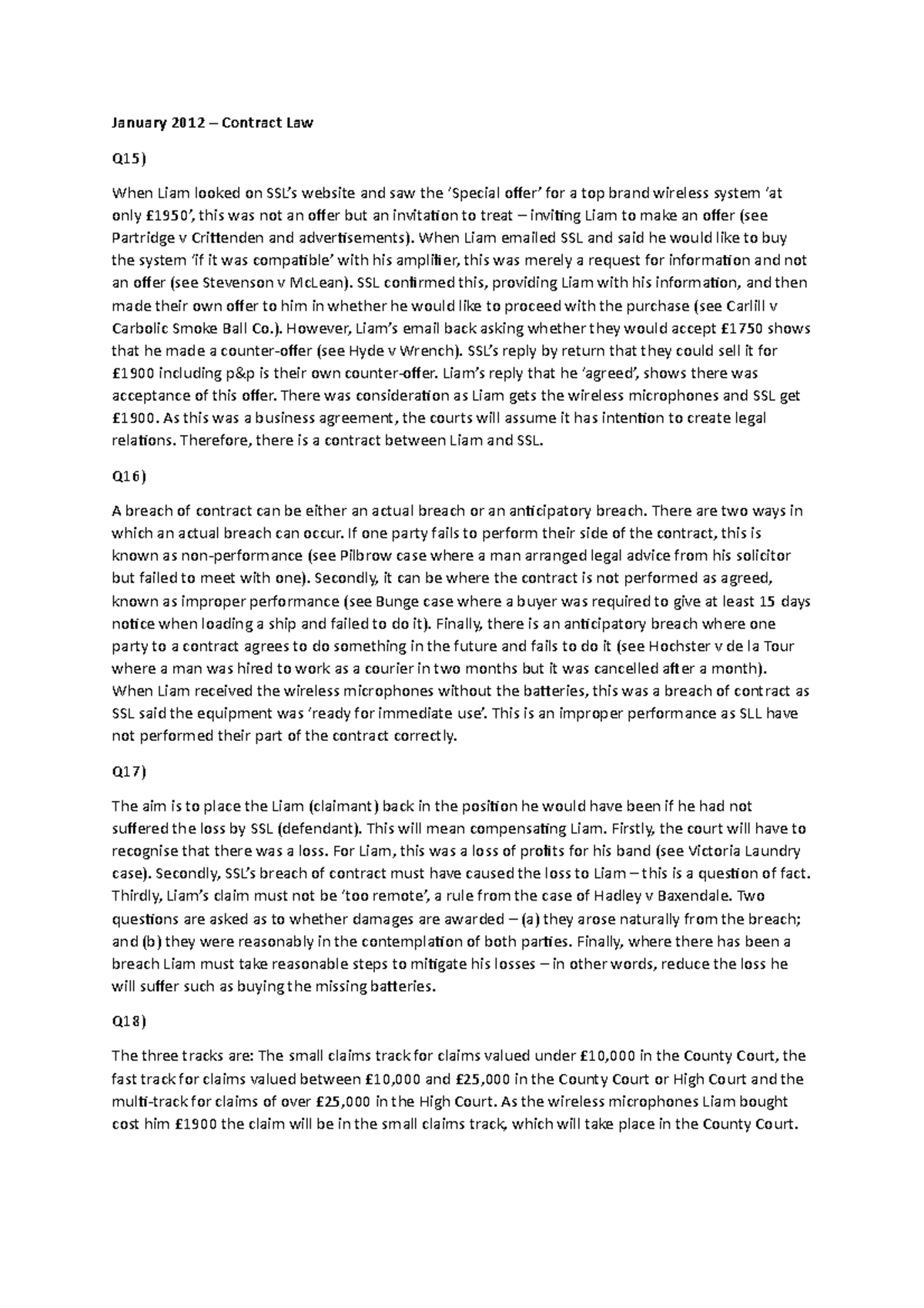 Contract Law Exam Questions Model Answers January 2012 Contract Law Q15 When Liam Looked Contract Law Exam Questions Model Answers January 2012 Contract Law Q15 When Liam Looked