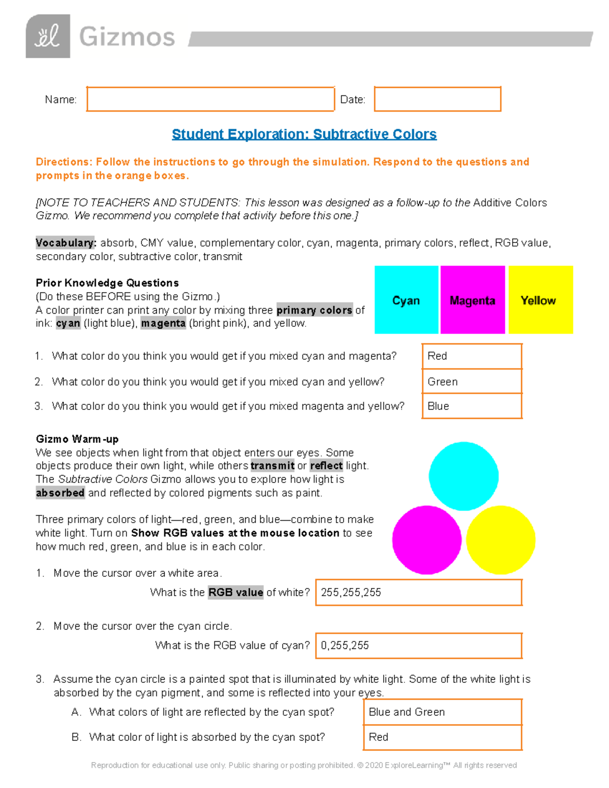 Subtractive Colors of Gizmo - Name: Date: Student Exploration ...